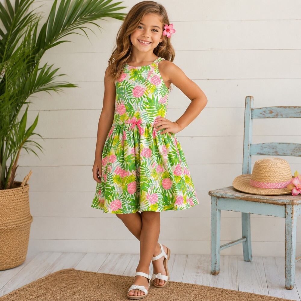 Tommy Bahama Girls Pineapple Tropical Sundress Size 6 Cotton Resort Summer Beach
